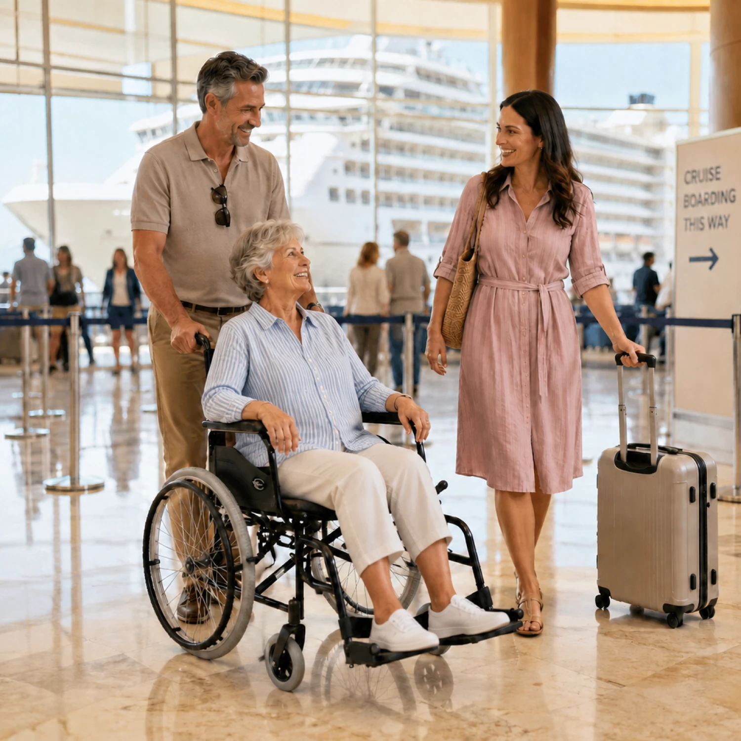 A woman uses an ultra light standard wheelchair inside a bright cruise terminal while family members walk beside her with luggage before boarding.